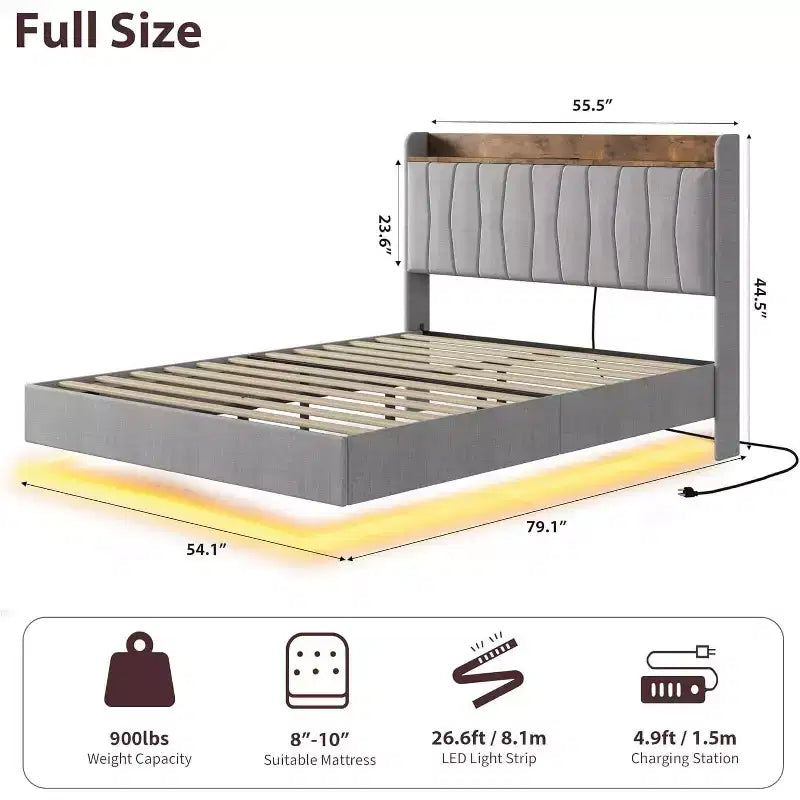 COZONY Safe Floating Bed Frame, LED Lights & Charging Station, Upholstered Headboard, Wood Slats