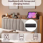 COZONY Safe Floating Bed Frame, LED Lights & Charging Station, Upholstered Headboard, Wood Slats