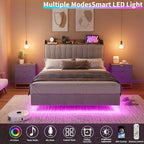 COZONY Safe Floating Bed Frame, LED Lights & Charging Station, Upholstered Headboard, Wood Slats