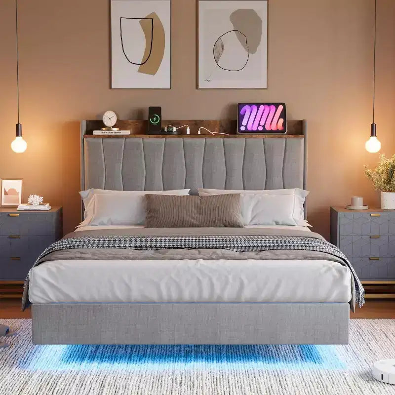 COZONY Safe Floating Bed Frame, LED Lights & Charging Station, Upholstered Headboard, Wood Slats