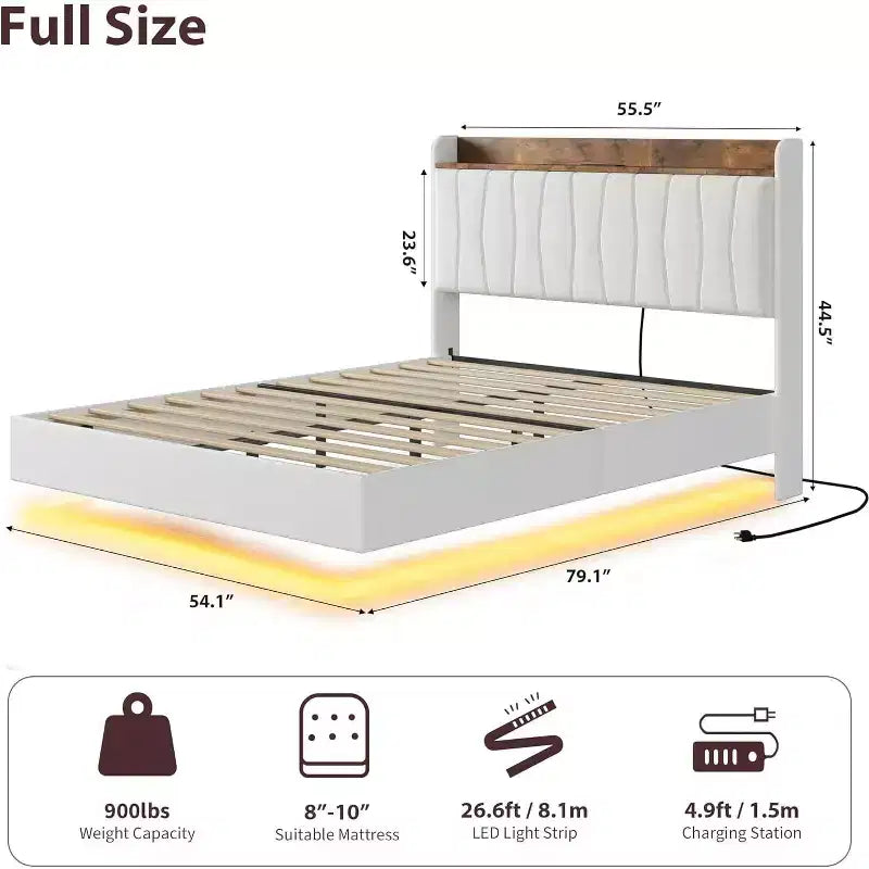 COZONY Safe Floating Bed Frame, LED Lights & Charging Station, Upholstered Headboard, Wood Slats