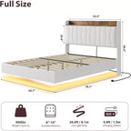 COZONY Safe Floating Bed Frame, LED Lights & Charging Station, Upholstered Headboard, Wood Slats