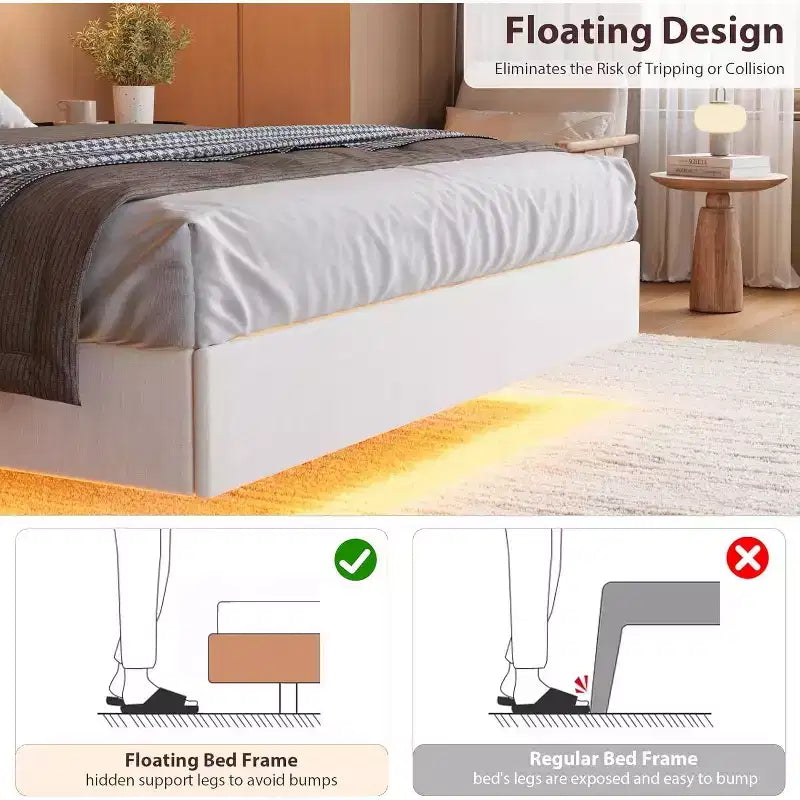COZONY Safe Floating Bed Frame, LED Lights & Charging Station, Upholstered Headboard, Wood Slats