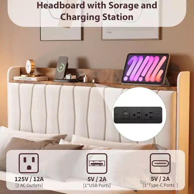 COZONY Safe Floating Bed Frame, LED Lights & Charging Station, Upholstered Headboard, Wood Slats