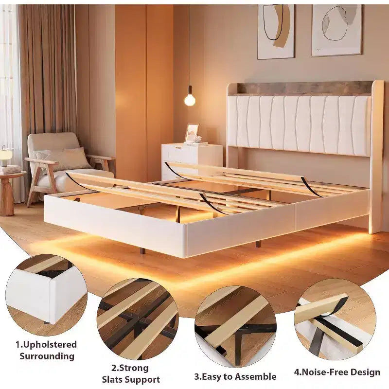 COZONY Safe Floating Bed Frame, LED Lights & Charging Station, Upholstered Headboard, Wood Slats