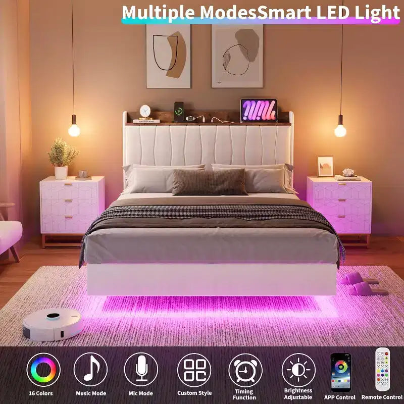 COZONY Safe Floating Bed Frame, LED Lights & Charging Station, Upholstered Headboard, Wood Slats
