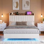 COZONY Safe Floating Bed Frame, LED Lights & Charging Station, Upholstered Headboard, Wood Slats