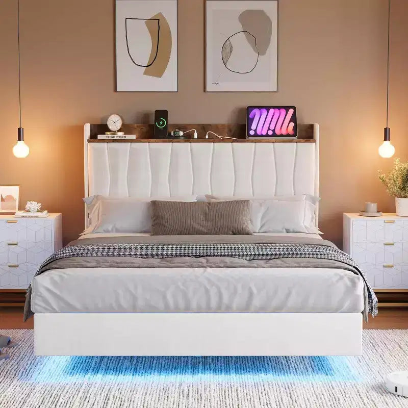 COZONY Safe Floating Bed Frame, LED Lights & Charging Station, Upholstered Headboard, Wood Slats