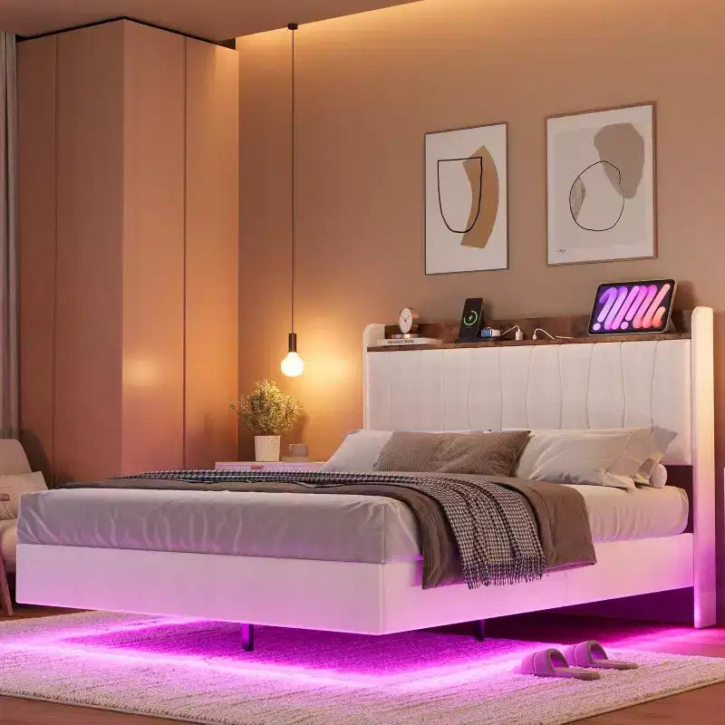 COZONY Safe Floating Bed Frame, LED Lights & Charging Station, Upholstered Headboard, Wood Slats