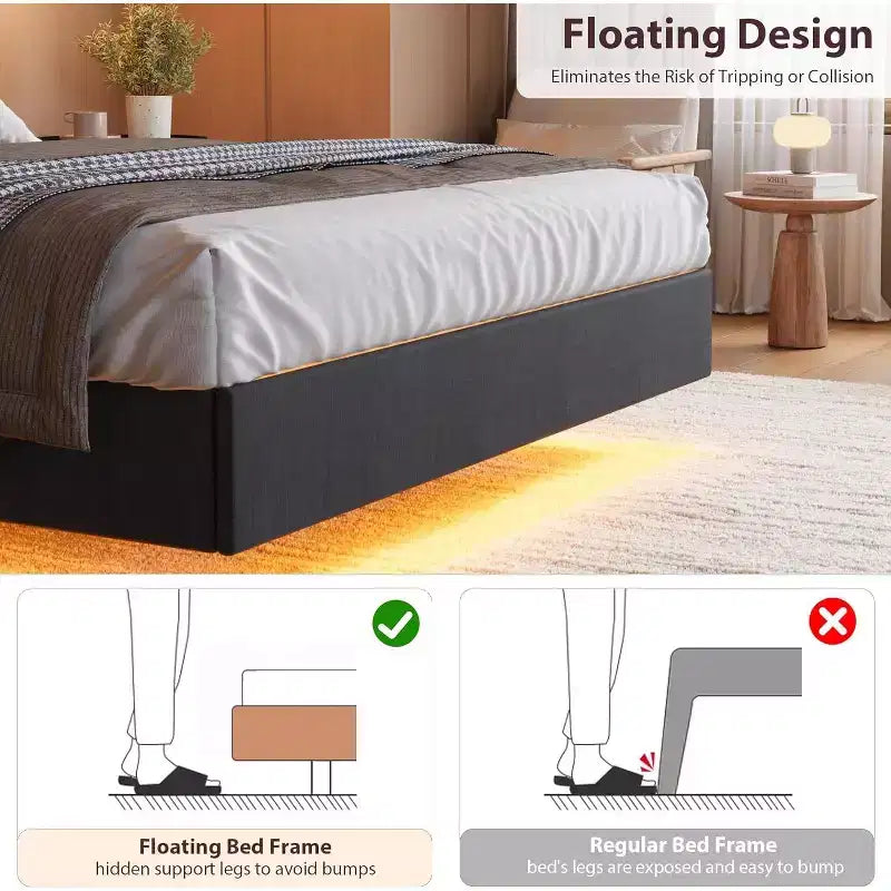 COZONY Safe Floating Bed Frame, LED Lights & Charging Station, Upholstered Headboard, Wood Slats
