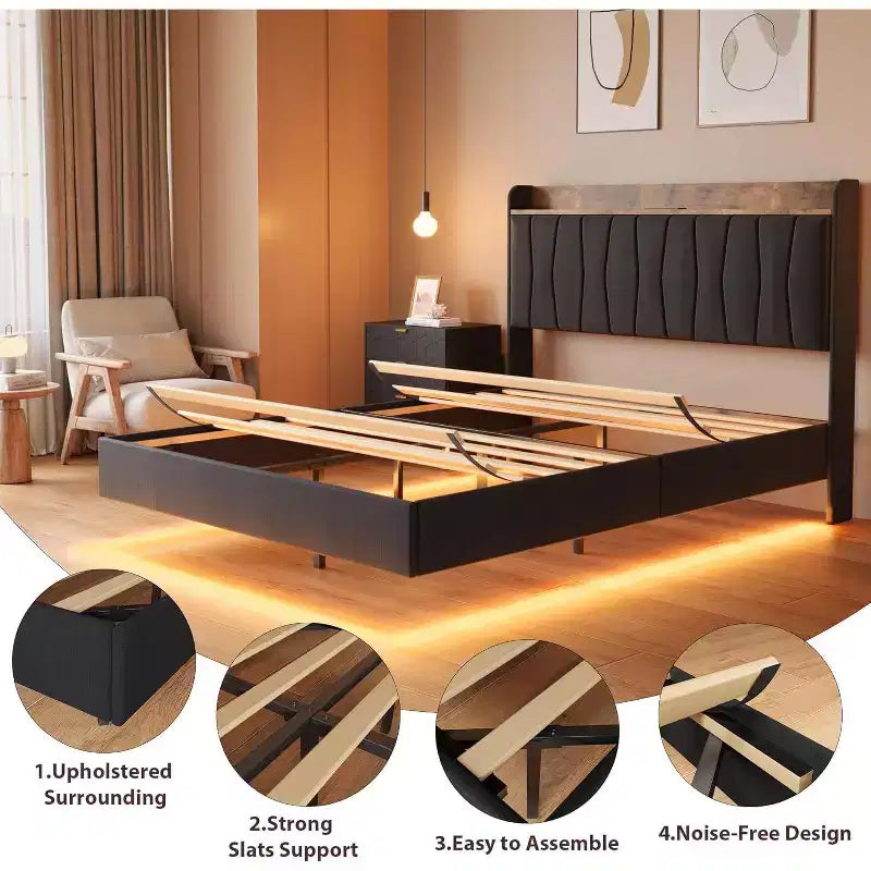 COZONY Safe Floating Bed Frame, LED Lights & Charging Station, Upholstered Headboard, Wood Slats