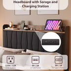 COZONY Safe Floating Bed Frame, LED Lights & Charging Station, Upholstered Headboard, Wood Slats