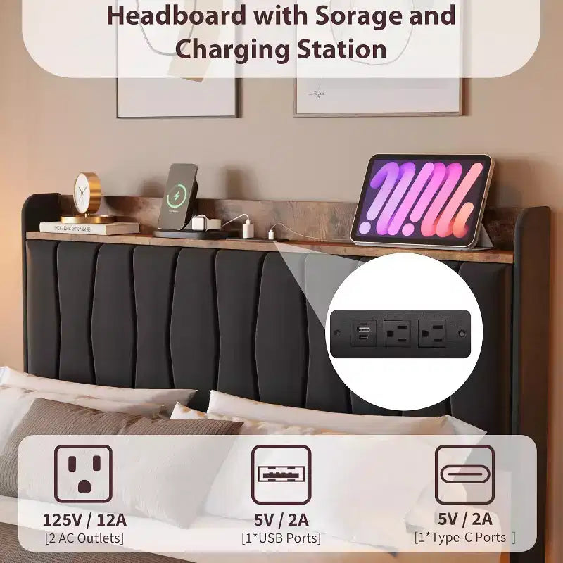 COZONY Safe Floating Bed Frame, LED Lights & Charging Station, Upholstered Headboard, Wood Slats