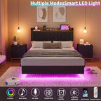 COZONY Safe Floating Bed Frame, LED Lights & Charging Station, Upholstered Headboard, Wood Slats
