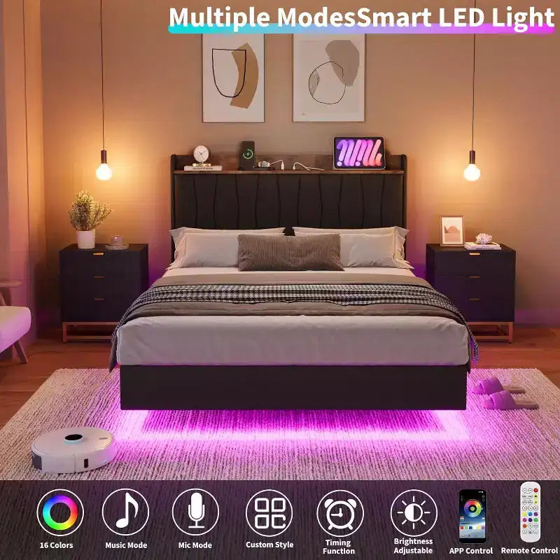 COZONY Safe Floating Bed Frame, LED Lights & Charging Station, Upholstered Headboard, Wood Slats