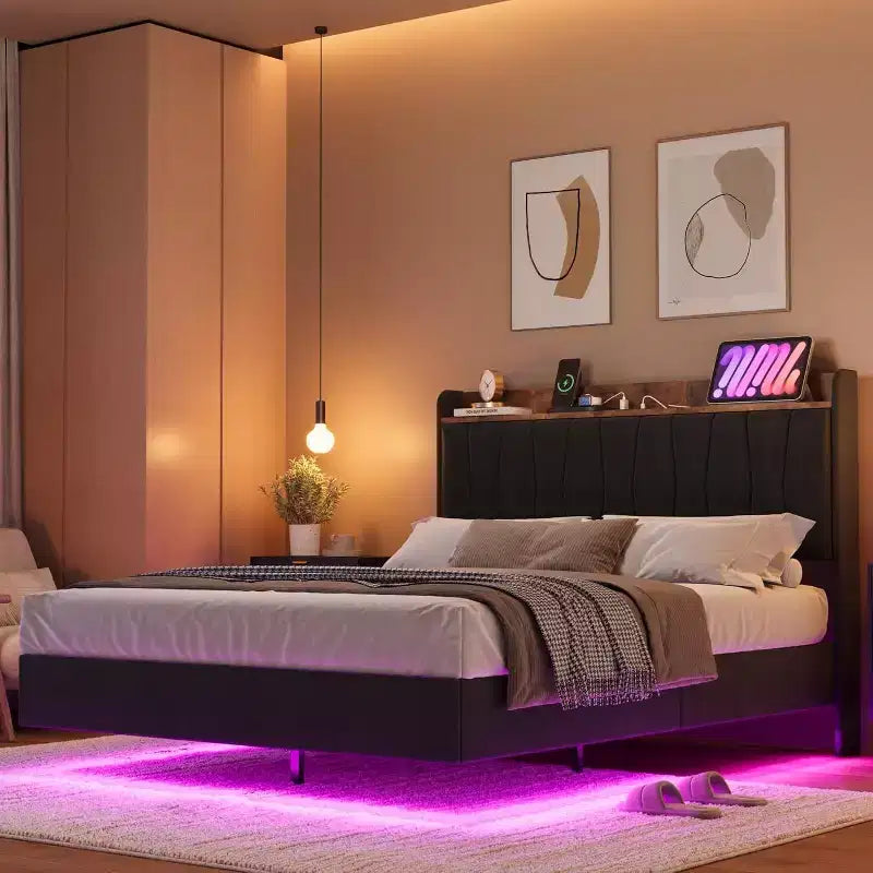 COZONY Safe Floating Bed Frame, LED Lights & Charging Station, Upholstered Headboard, Wood Slats