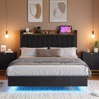COZONY Safe Floating Bed Frame, LED Lights & Charging Station, Upholstered Headboard, Wood Slats