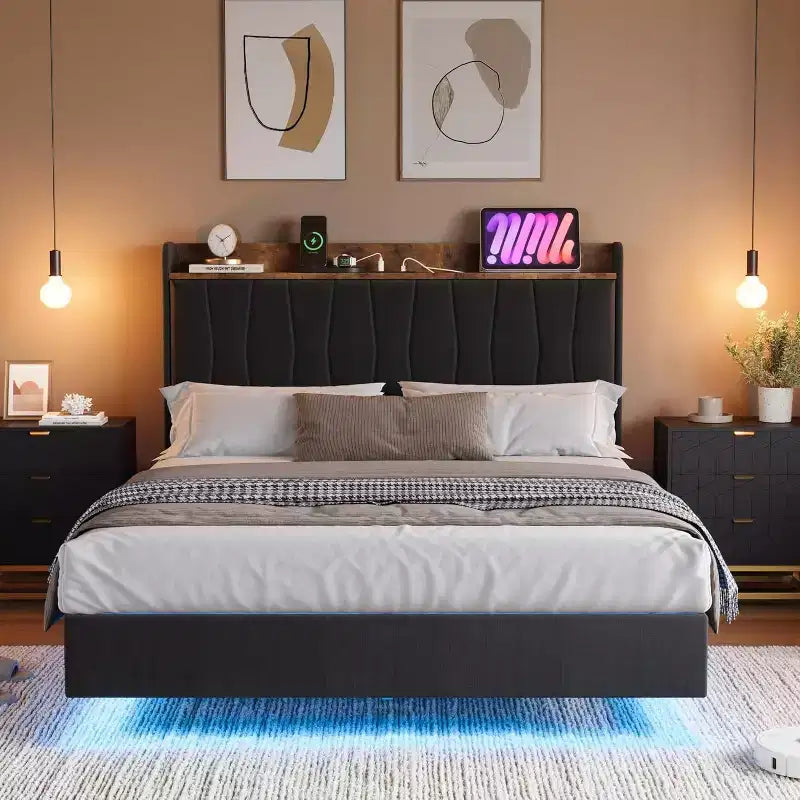 COZONY Safe Floating Bed Frame, LED Lights & Charging Station, Upholstered Headboard, Wood Slats