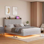 COZONY Safe Floating Bed Frame, LED Lights & Charging Station, Upholstered Headboard, Wood Slats