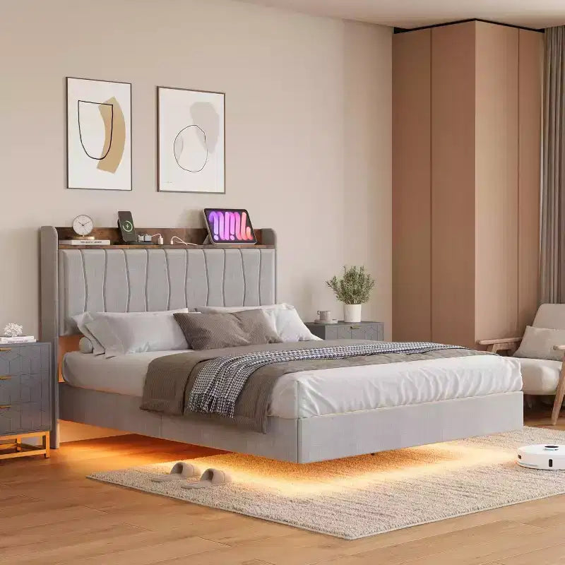 COZONY Safe Floating Bed Frame, LED Lights & Charging Station, Upholstered Headboard, Wood Slats