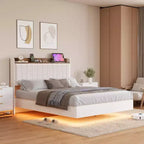COZONY Safe Floating Bed Frame, LED Lights & Charging Station, Upholstered Headboard, Wood Slats