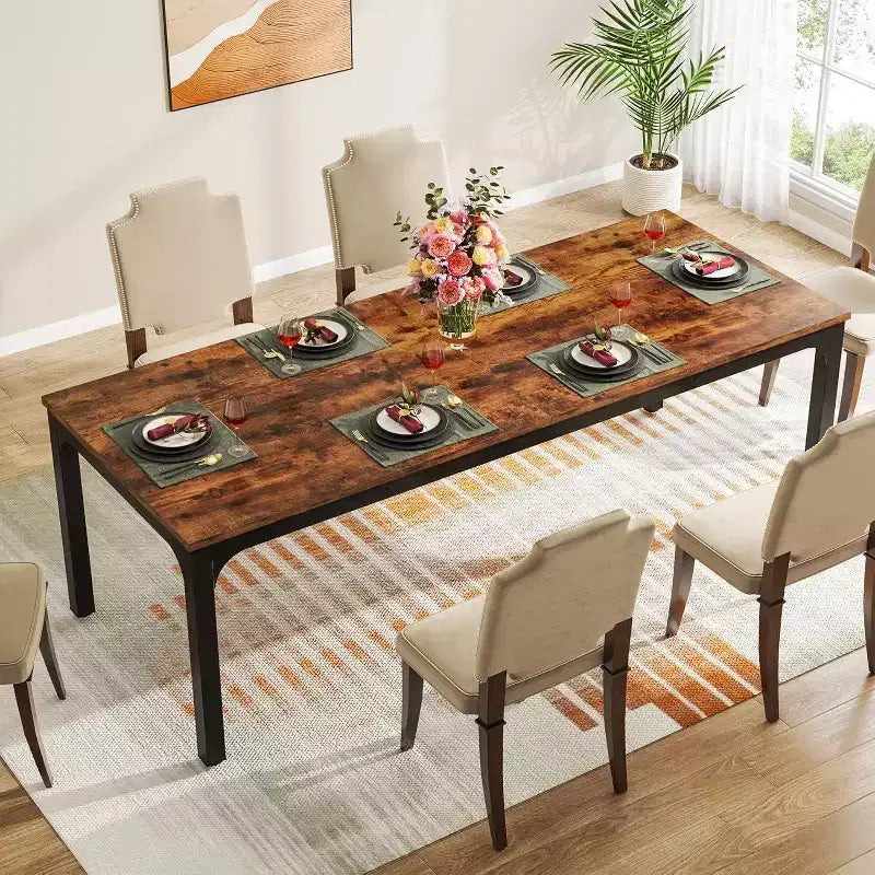 Okak Farmhouse Wood Large Collaborative Desk Rectangle Dining Table,Long Modern Kitchen Dinner Table for Dining Room,Breakfast Nook