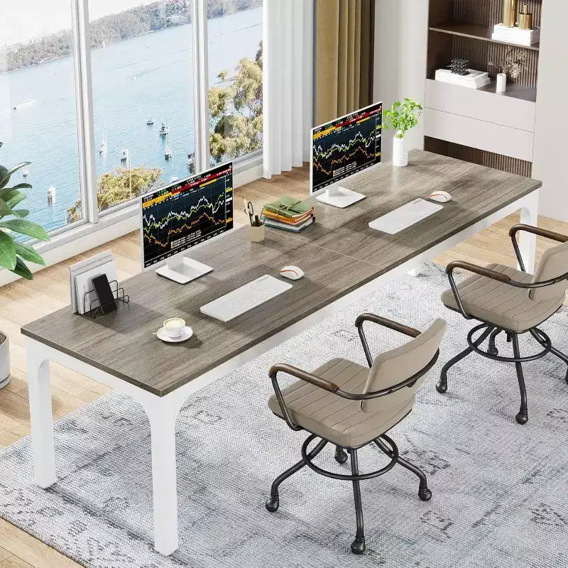 Okak Farmhouse Wood Large Collaborative Desk Rectangle Dining Table,Long Modern Kitchen Dinner Table for Dining Room,Breakfast Nook