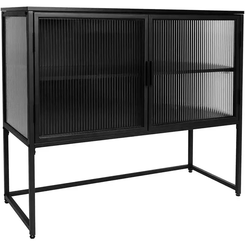 Modern Storage Cabinet with Glass Door Metal Frame Double Layer Freestanding Sideboard Suitable for Living Room Kitchen Black