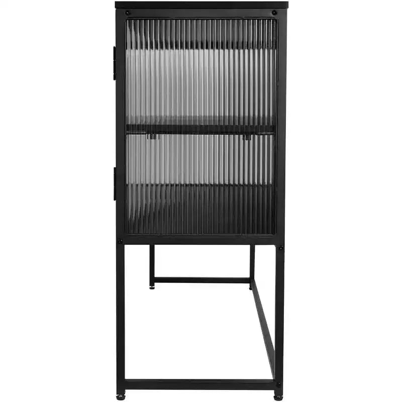 Modern Storage Cabinet with Glass Door Metal Frame Double Layer Freestanding Sideboard Suitable for Living Room Kitchen Black