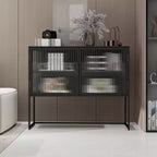 Modern Storage Cabinet with Glass Door Metal Frame Double Layer Freestanding Sideboard Suitable for Living Room Kitchen Black