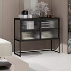 Modern Storage Cabinet with Glass Door Metal Frame Double Layer Freestanding Sideboard Suitable for Living Room Kitchen Black