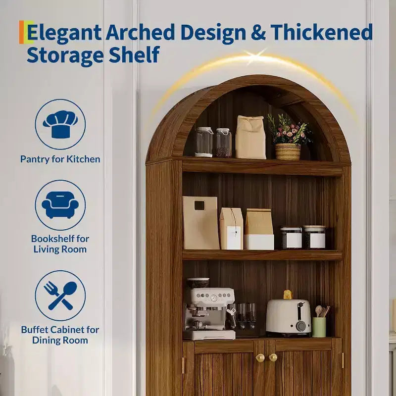 72'' Tall Arched Cabinet, 5 Tier Arched Bookshelf with Double Doors & Adjustable Shelf, Wooden Bookcase with Storage for Home Office