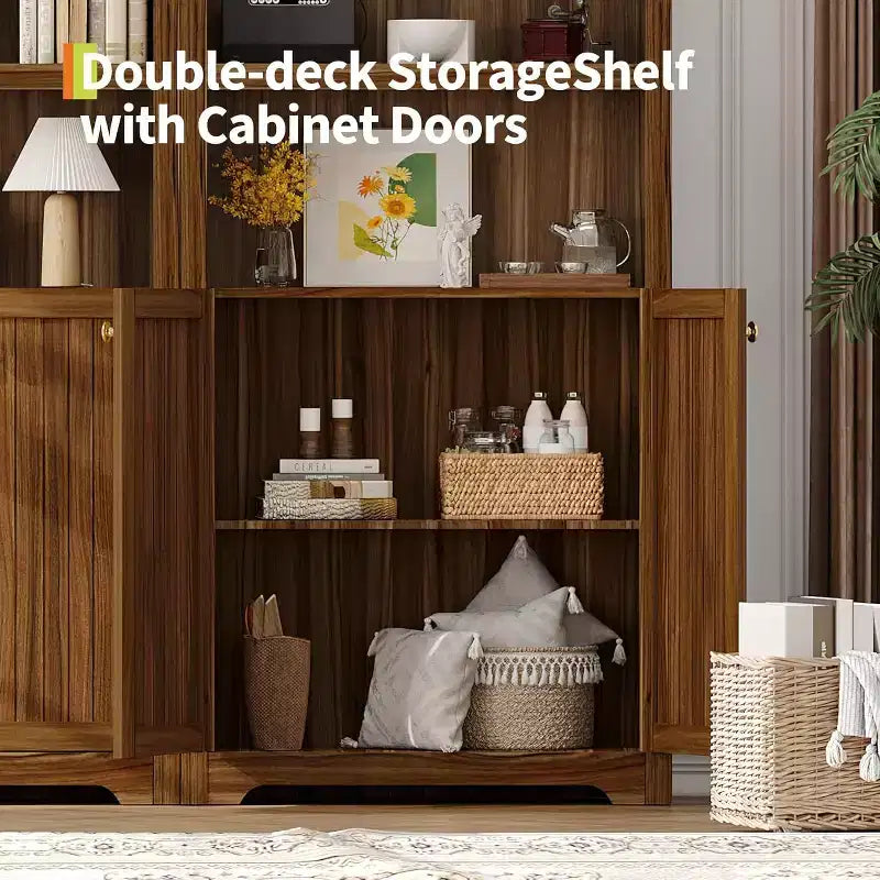72'' Tall Arched Cabinet, 5 Tier Arched Bookshelf with Double Doors & Adjustable Shelf, Wooden Bookcase with Storage for Home Office