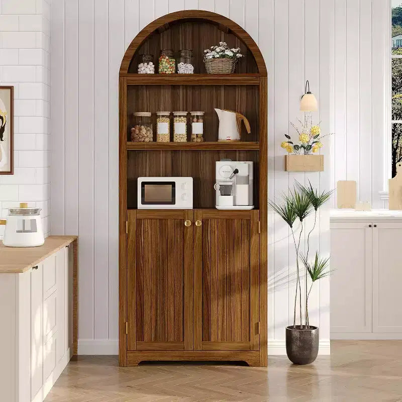 72'' Tall Arched Cabinet, 5 Tier Arched Bookshelf with Double Doors & Adjustable Shelf, Wooden Bookcase with Storage for Home Office