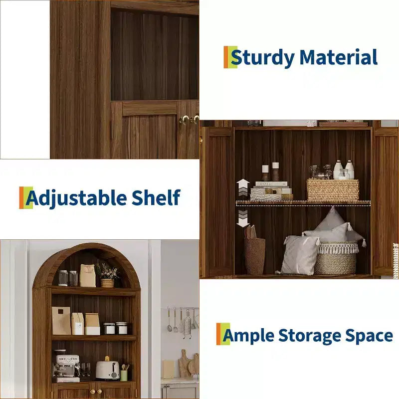 72'' Tall Arched Cabinet, 5 Tier Arched Bookshelf with Double Doors & Adjustable Shelf, Wooden Bookcase with Storage for Home Office