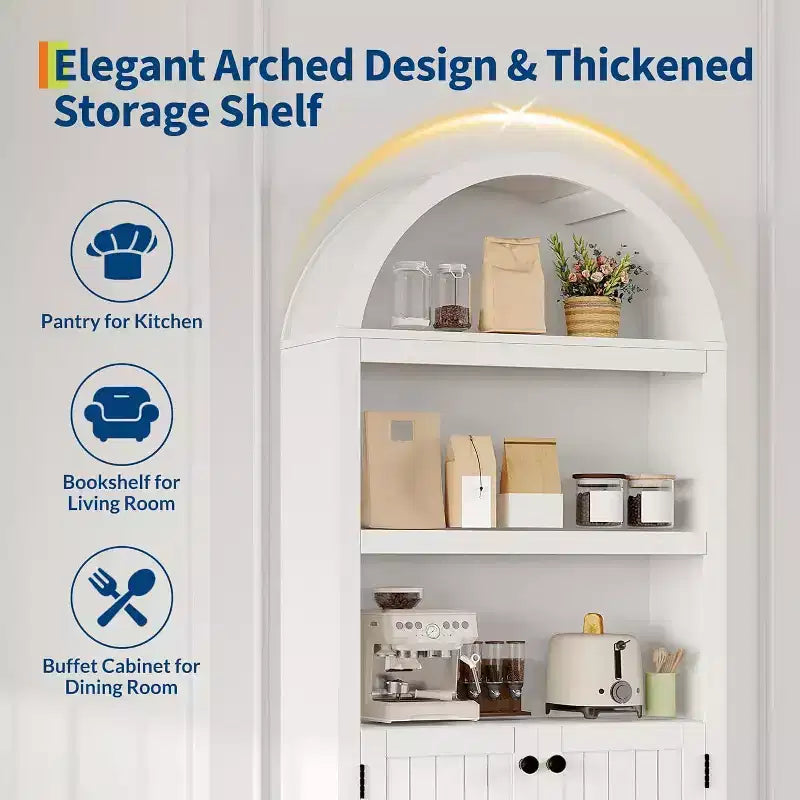 72'' Tall Arched Cabinet, 5 Tier Arched Bookshelf with Double Doors & Adjustable Shelf, Wooden Bookcase with Storage for Home Office