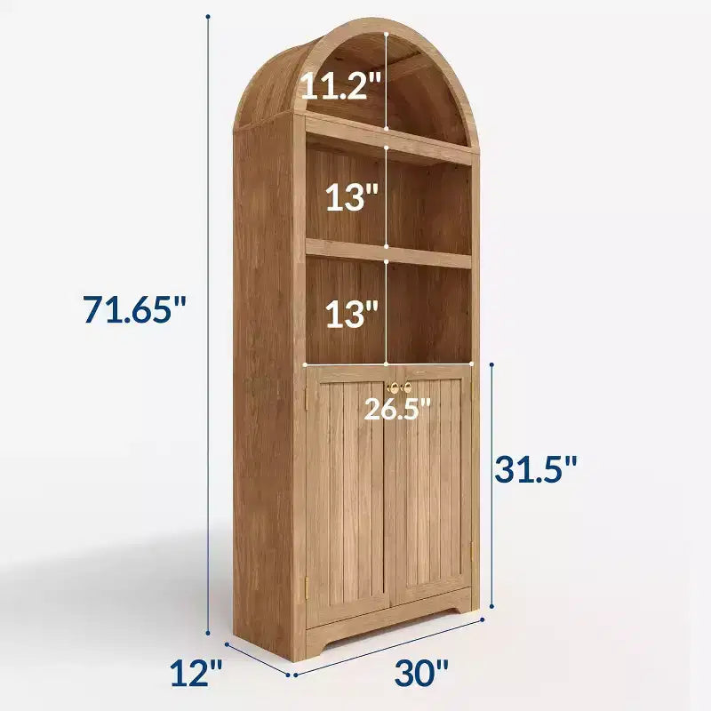 72'' Tall Arched Cabinet, 5 Tier Arched Bookshelf with Double Doors & Adjustable Shelf, Wooden Bookcase with Storage for Home Office