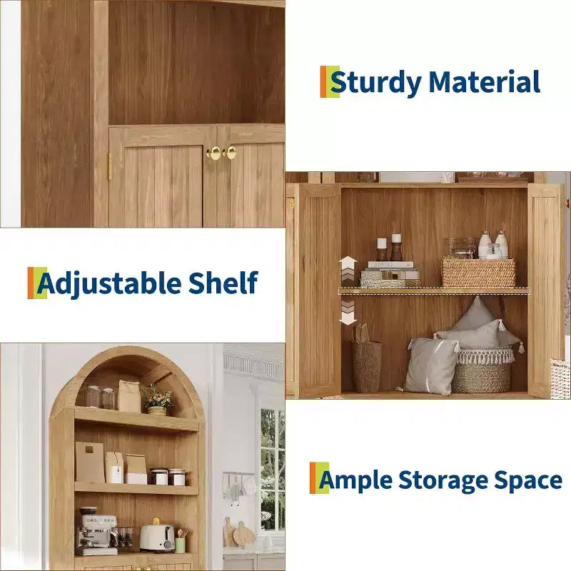 72'' Tall Arched Cabinet, 5 Tier Arched Bookshelf with Double Doors & Adjustable Shelf, Wooden Bookcase with Storage for Home Office
