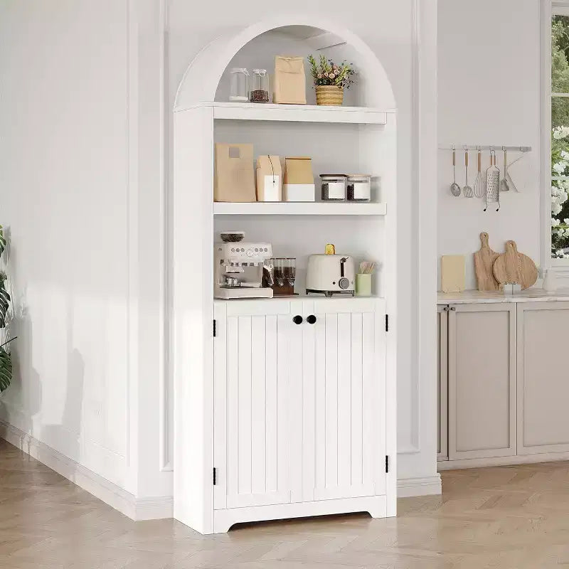 72'' Tall Arched Cabinet, 5 Tier Arched Bookshelf with Double Doors & Adjustable Shelf, Wooden Bookcase with Storage for Home Office