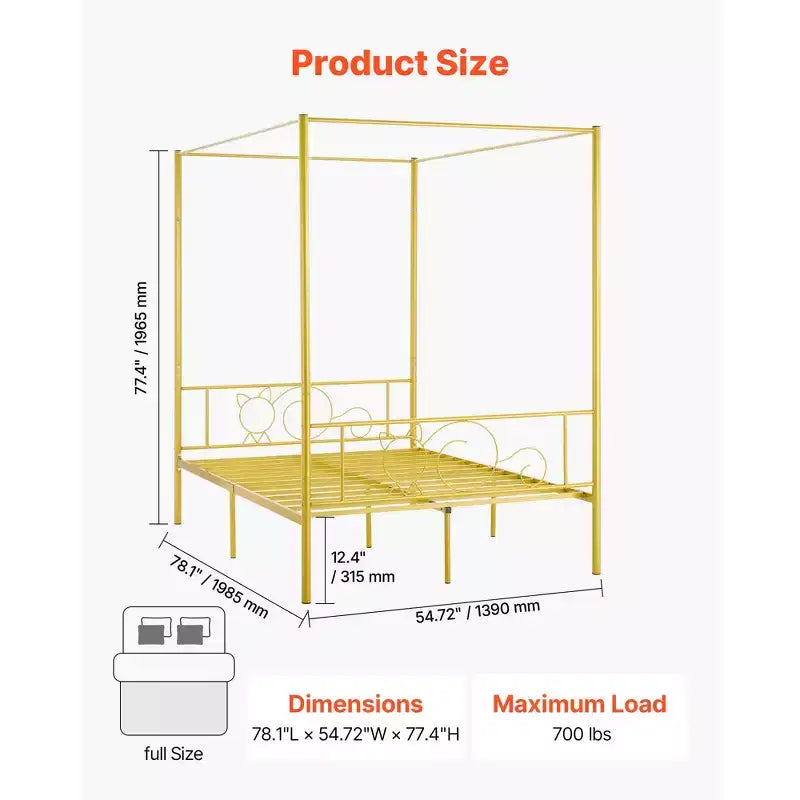 VEVOR Full Size Canopy Bed Frame, Metal Canopy Bed with Minimalist Headboard & Four Posters Design, Heavy Duty Steel Slats Support, Gold