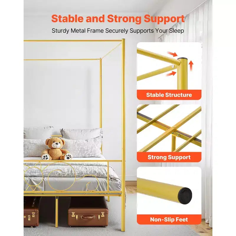 VEVOR Full Size Canopy Bed Frame, Metal Canopy Bed with Minimalist Headboard & Four Posters Design, Heavy Duty Steel Slats Support, Gold