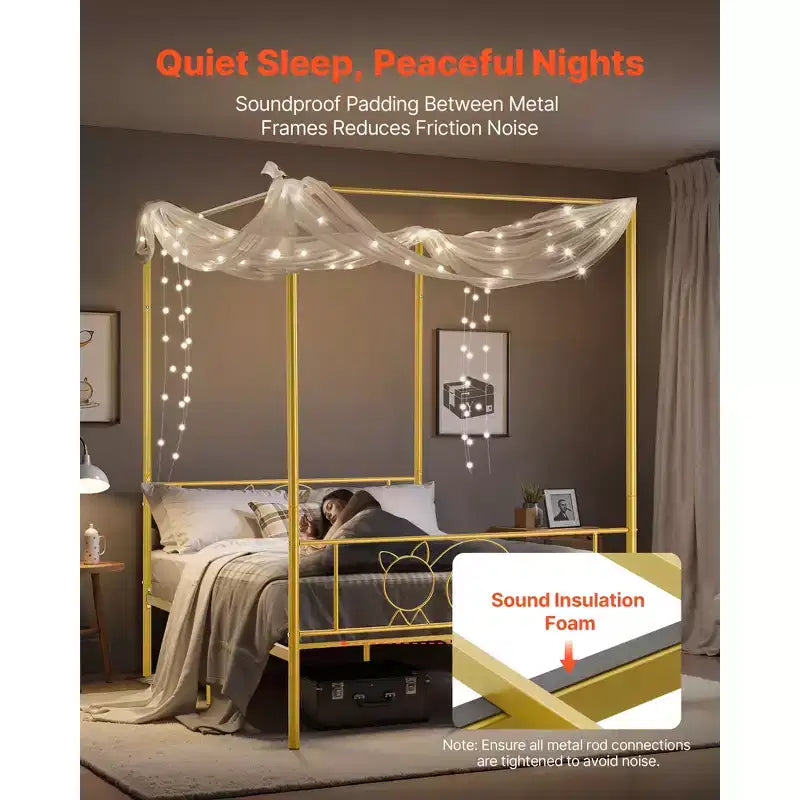 VEVOR Full Size Canopy Bed Frame, Metal Canopy Bed with Minimalist Headboard & Four Posters Design, Heavy Duty Steel Slats Support, Gold
