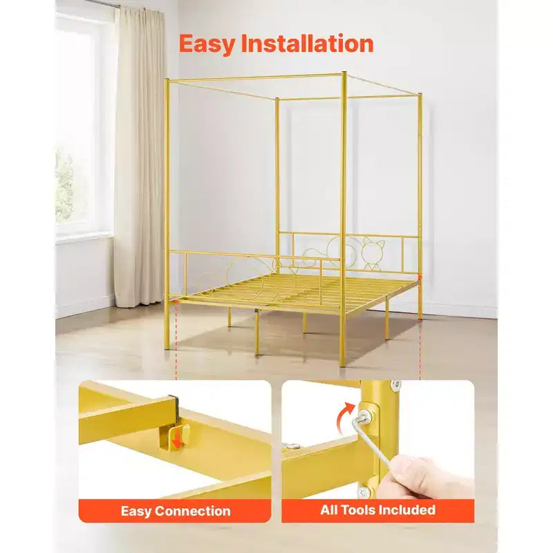 VEVOR Full Size Canopy Bed Frame, Metal Canopy Bed with Minimalist Headboard & Four Posters Design, Heavy Duty Steel Slats Support, Gold