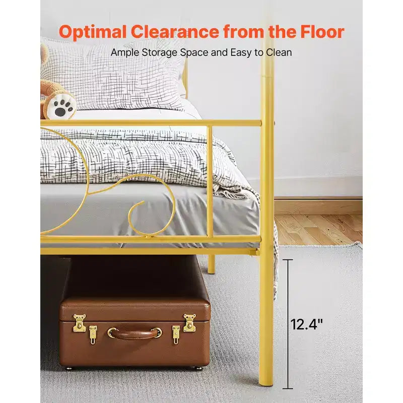 VEVOR Full Size Canopy Bed Frame, Metal Canopy Bed with Minimalist Headboard & Four Posters Design, Heavy Duty Steel Slats Support, Gold
