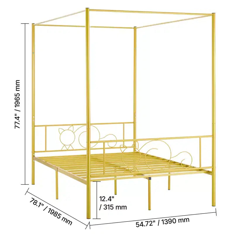 VEVOR Full Size Canopy Bed Frame, Metal Canopy Bed with Minimalist Headboard & Four Posters Design, Heavy Duty Steel Slats Support, Gold