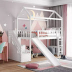 Twin House Loft Bed with Slide and Stairs, Loft Bed with Storage Drawers, Wood Cabin Loft Bed for Kids Toddlers
