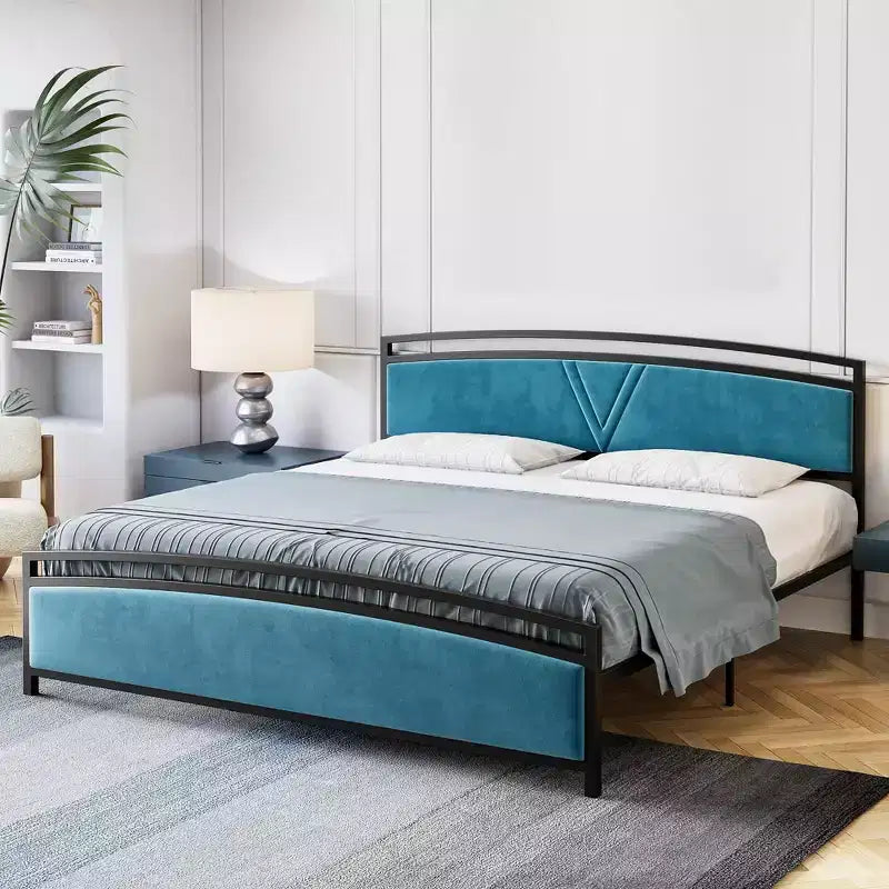 Bed Frame, Velvet Upholstered Bed Frame with Arc Design Headboard and Footboard, Modern Platform Bed with Adjustable Headboard