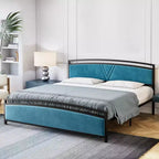 Bed Frame, Velvet Upholstered Bed Frame with Arc Design Headboard and Footboard, Modern Platform Bed with Adjustable Headboard