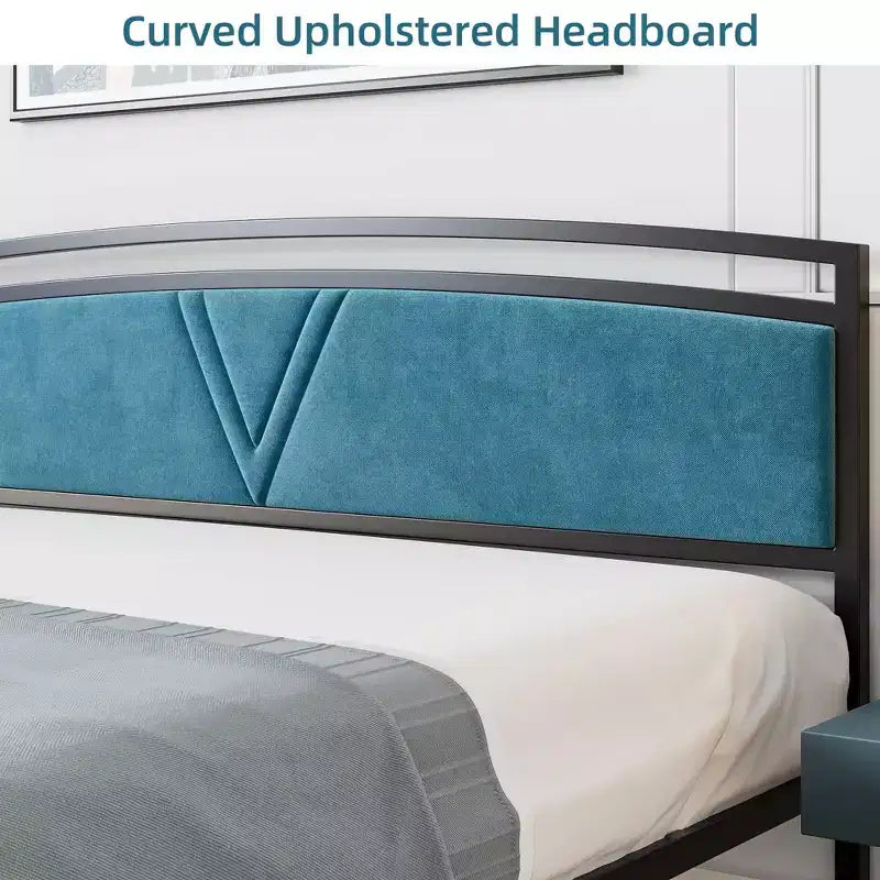 Bed Frame, Velvet Upholstered Bed Frame with Arc Design Headboard and Footboard, Modern Platform Bed with Adjustable Headboard