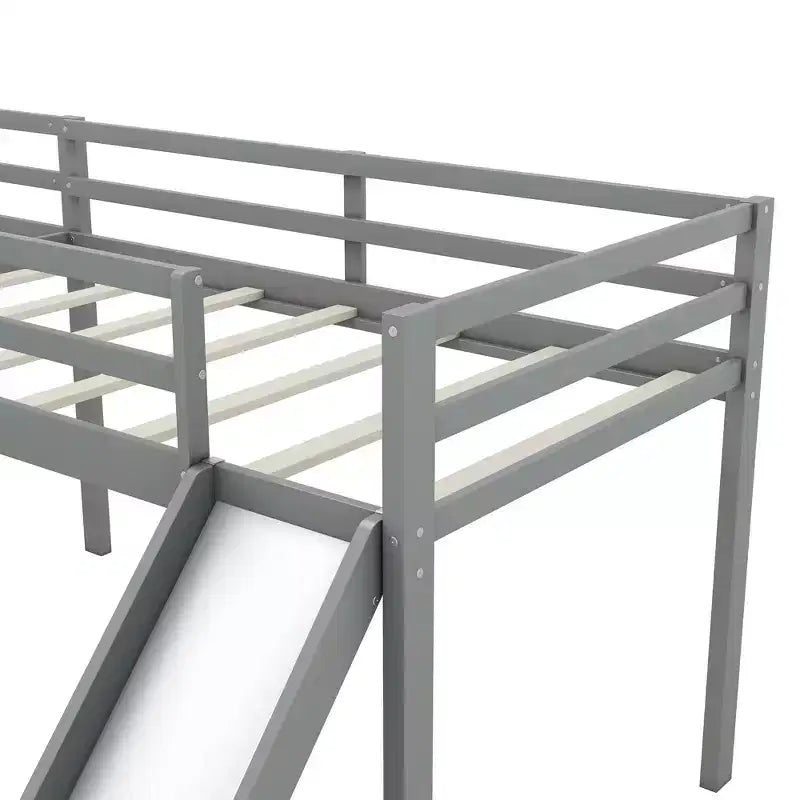 Wooden Twin Size Double Loft Bed with Slide, L Shaped Loft Bed Frame with Full-Length Guardrail for Kids Bedroom